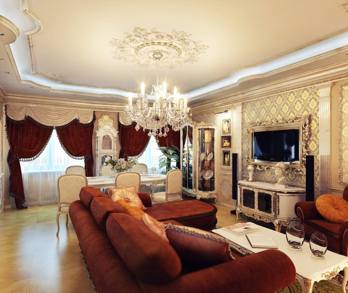 Декоративная отделка потолка плюс подсветка и лепнина вокруг люстры есть отличным украшением интерьера гостиной