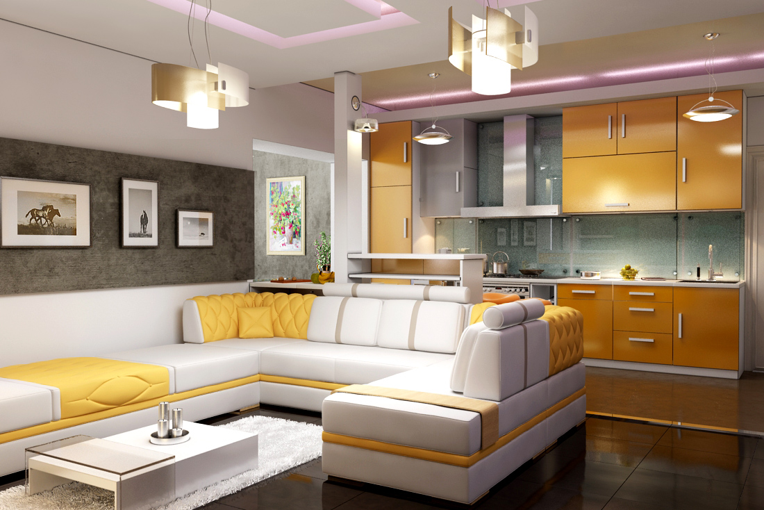 Вітальня, поєднана з кухнею, в жовто-білій гаммі створює теплу і простору атмосферу