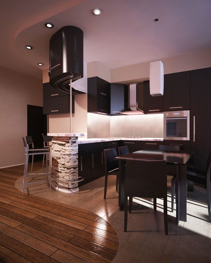 Межі підлоги вітальні і кухні можуть проходити як по прямій, так і по зігнутій лінії