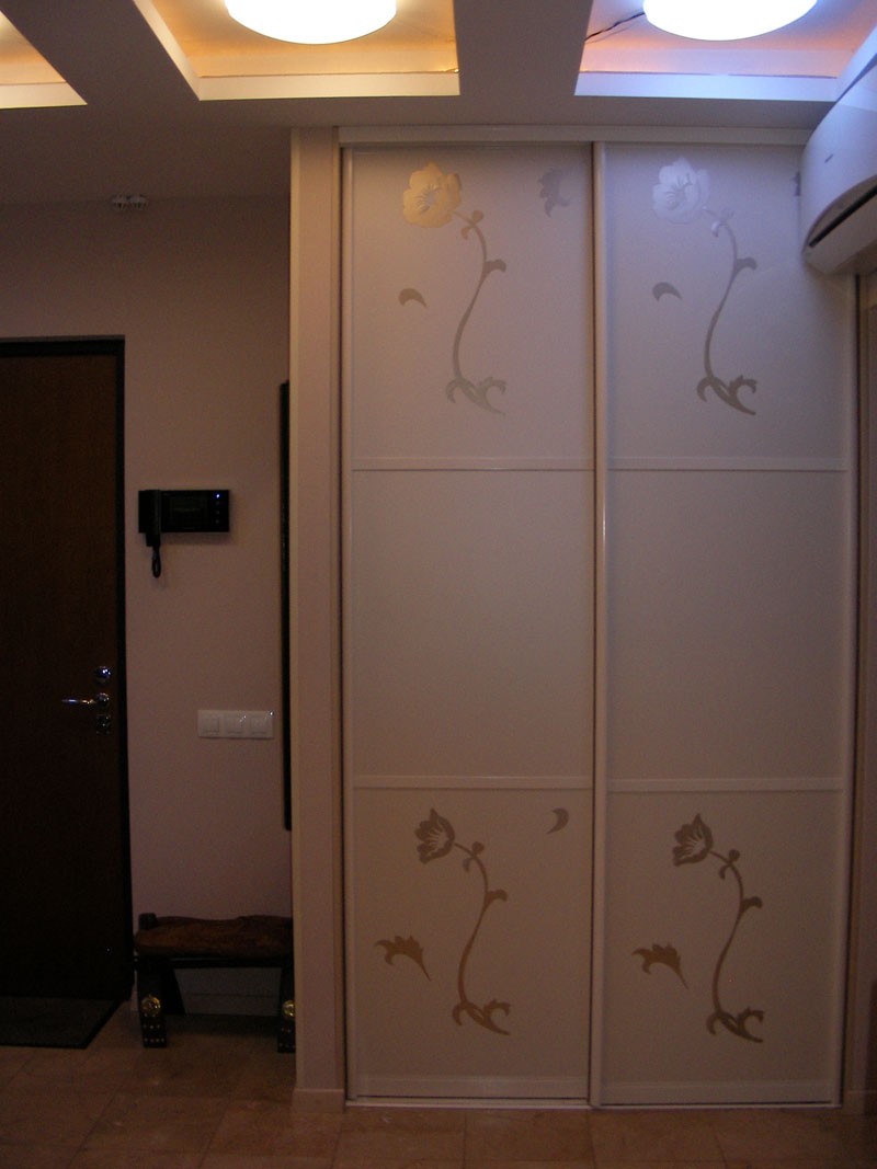 В гостиной, совмещенной с прихожей акцент стиля модерн создан с помощью цветочного орнамента шкафа-купе