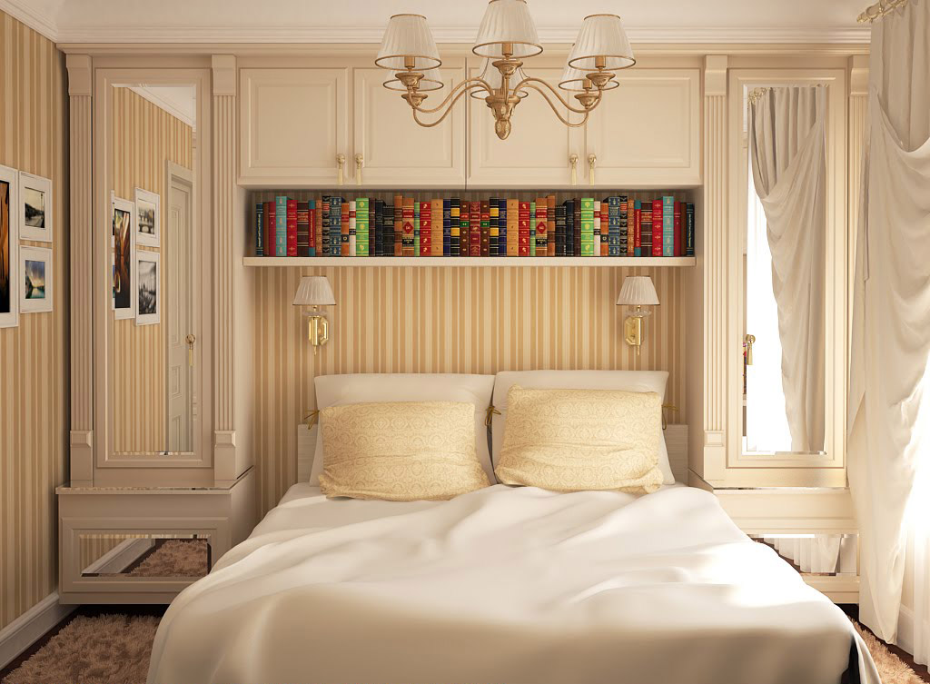 Зеркала и вертикальный узор обоев в маленькой спальне визуальное увеличение спальни