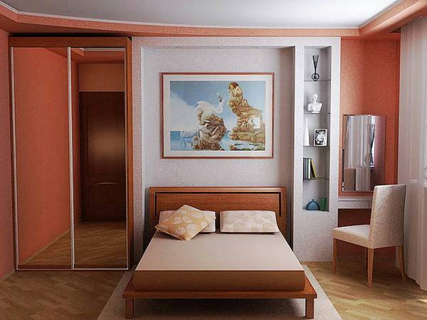 Зеркала увеличивают объем спальни в малогабаритной квартире