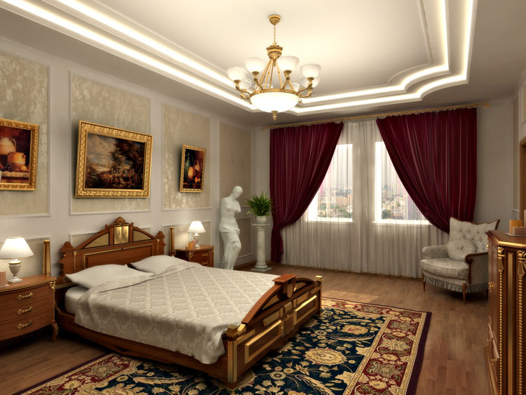 Классическая спальня с использованием цветовой гаммы «под натуральное дерево» с  бронзовой  отделкой
