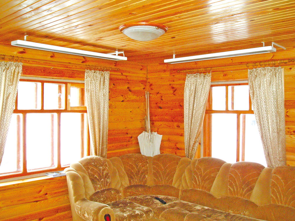 Інфрачервоні довгохвильові обігрівачі добре виглядають в інтер'єрі дерев'яного будинку