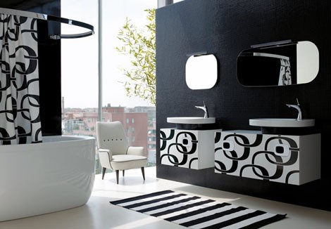 Ванная в стиле модерн: на черном фоне хорошо смотрится белая мебель с черным орнаментом