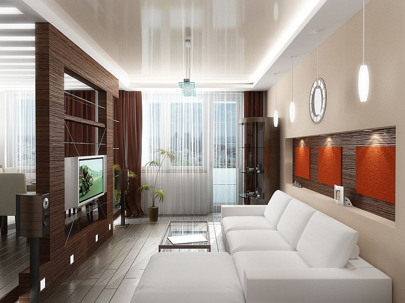 При объединении больших комнат в хрущевке зонирование можно осуществить с помощью стеллажа до потолка
