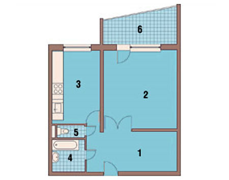 Однокімнатна квартира до перепланування 1. Передпокій – 14,68 м2 2. Кімната – 18,84 м2 3. Кухня – 12 м2 4. Ванна кімната – 4,78 м2 5. Туалет – 1,2 м2 6. Лоджія – 7,6 м2