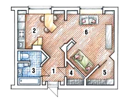 Однокімнатна квартира після перепланування (студія) 1. Передпокій – 4,2 м2 2. Кухня – 9,5 м2 3. Ванна кімната – 5 м2 4. Мала вбиральня –2 м2 5. Велика вбиральня – 4 м2 6. Житлова кімната – 13 м2.