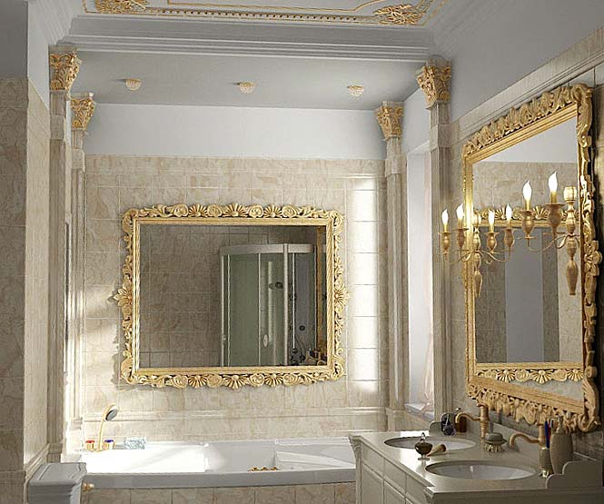 Ванну в класичному стилі прикрашають дзеркала в ажурній рамі «під золото», витончені змішувачі, імітація колон