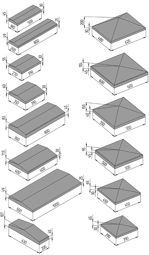 Основные размеры крышек (колпаков) для столбиков забора из профнаслита